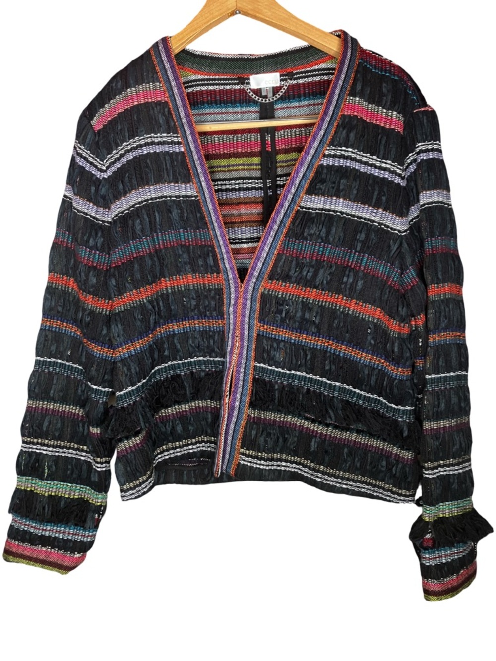 Ecru boho fringe wool blend coat XL